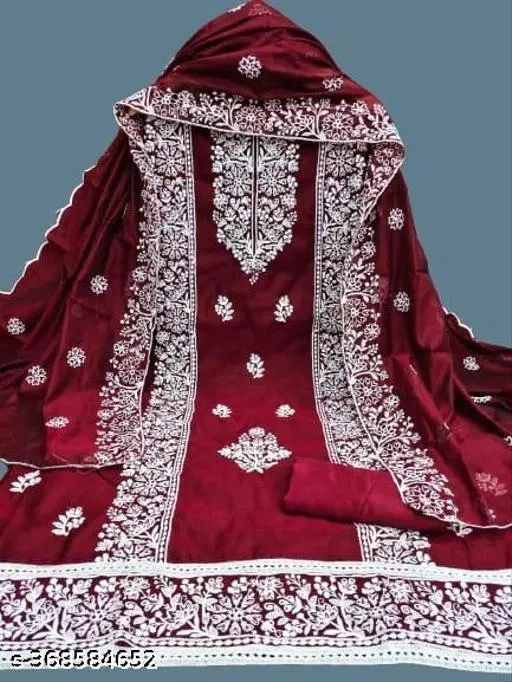 Chanderi Cotton Embroidered Punjabi/All Over Suits for Women (Maroon, Un Stitched)