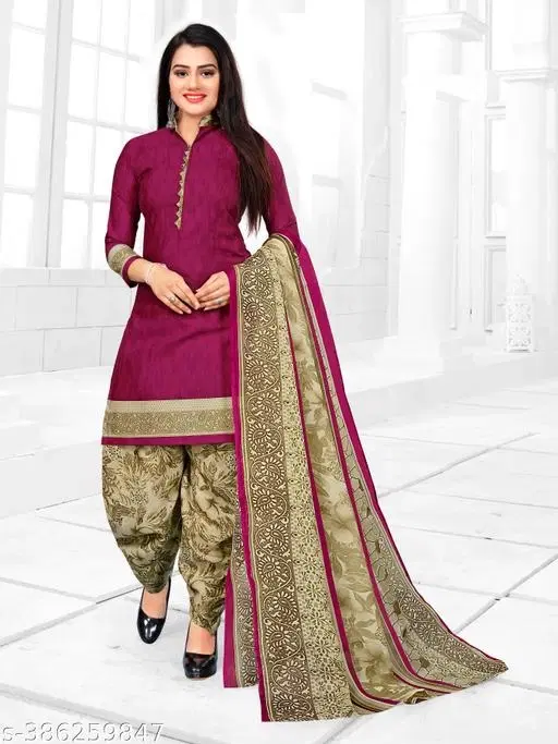 Cotton Printed Salwar Suit & Dupatta Sets for Women (Purple, XL)
