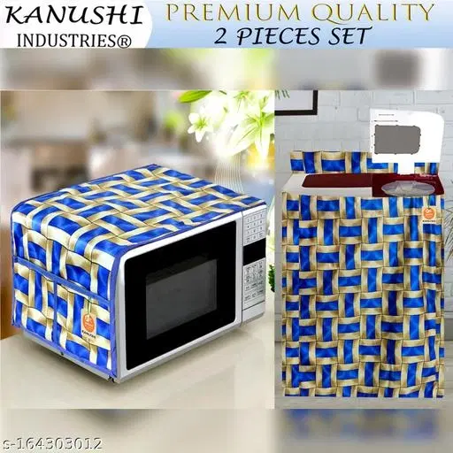 KANUSHI Industries® Microwave / Oven Top Cover With 4 Utility Pockets + 1 Pc Top Load Semi Automatic Washing Machine Cover (MICRO+WASMAC-SEMI-BLUE-GOLDEN-LINE)