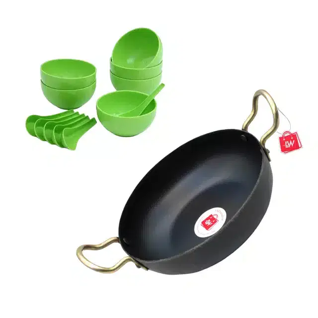 LAZYwindow Iron Deep Bottom Kadai & Plastic Round Shape 6 Soup Bowls with 6 Spoons Set, Black, Set of 2
