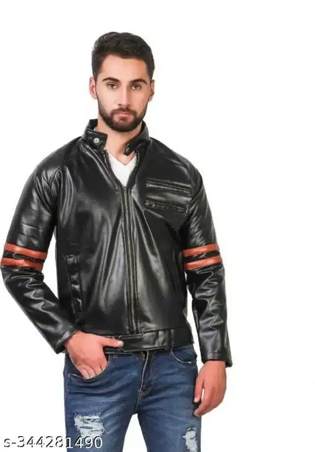 Synthetic Leather Jacket for Men (Black, M)
