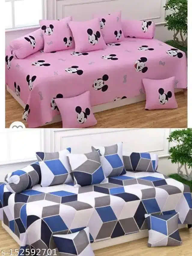 Polycotton Diwan Cover Set, Multicolor, Combo of 2