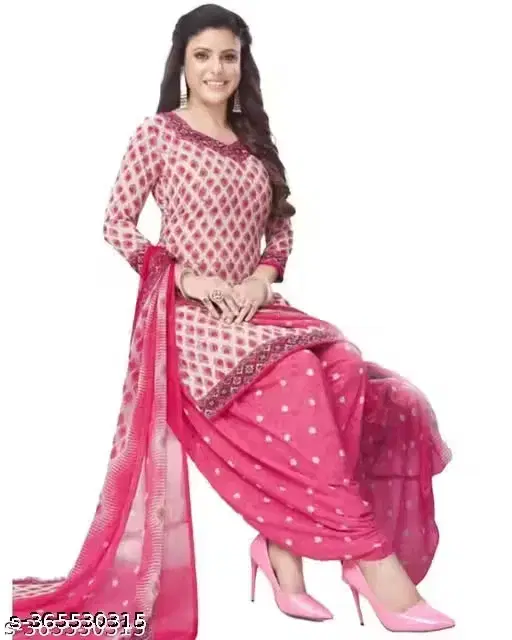 Printed Crepe Unstitched Suit Fabric for Women, Pink (Free size)