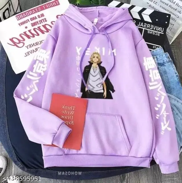 Fleece Printed Hoodie for Women (Lavender, S)