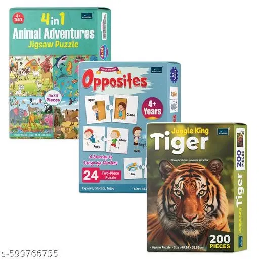 4 In 1 Animals Adventures + Match & Pair - Opposites Words + Jungle King Tiger| Set of 3 - Engaging Puzzle Learning Fun for Kids!