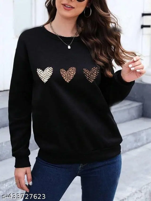 Fleece Printed Sweatshirt for Women (Black, S)