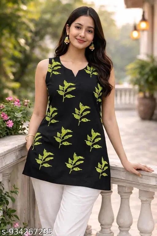 Floral Elegance Kurti for Women (Black, S)