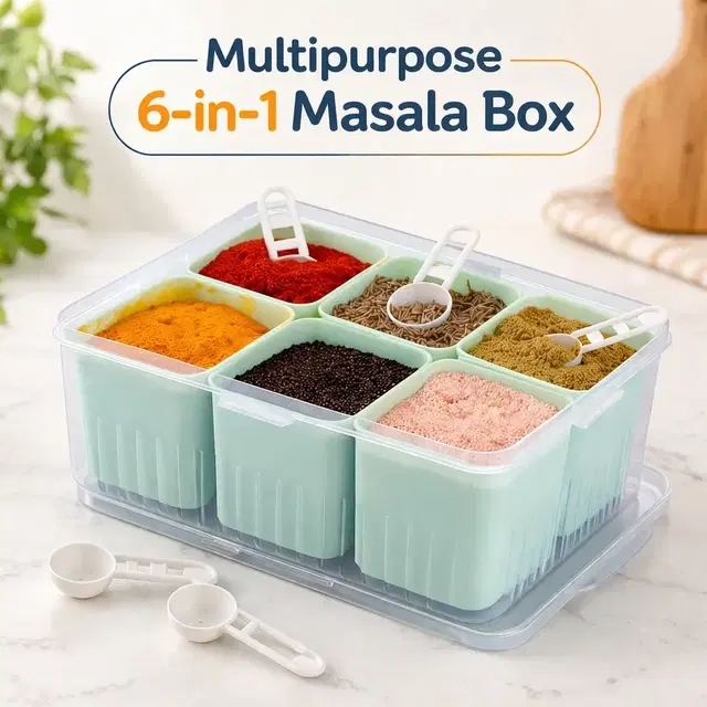 Multipurpose 6-in-1 Masala Box with 6 Spoons, 1800ml (Assorted Colour, Pack of 1)
