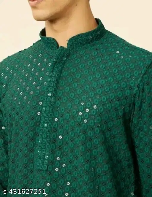High-Low Mandarin Neck Kurta for Men (Green, XXS)