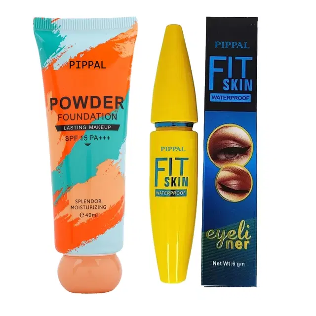 Pippal Orange Tube Powder Fondation, 40 ml with Fit Skin Eyeliner, 6 ml, Set of 2