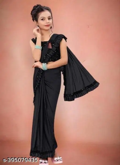 Lycra Solid Saree for Girls (Black, 4-5 Years)