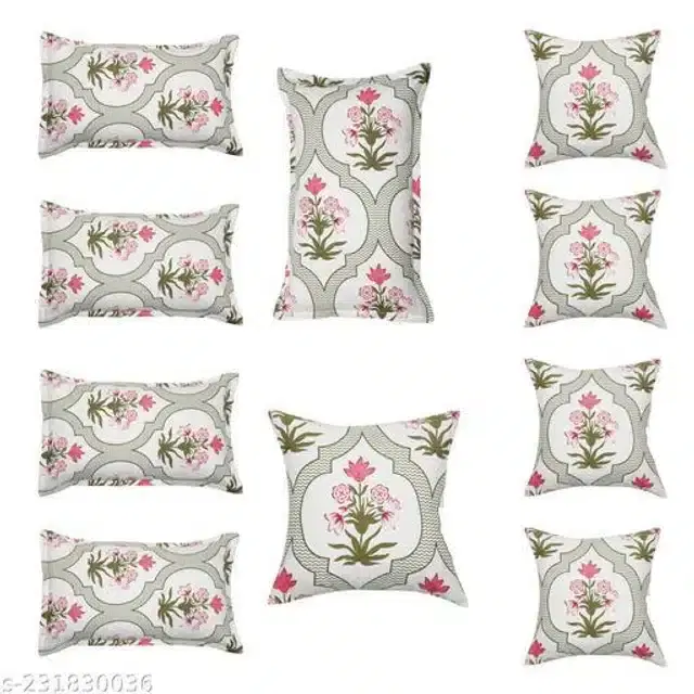 Cotton 5 Cushion Covers with 5 Pillow Covers, White, Set of 2