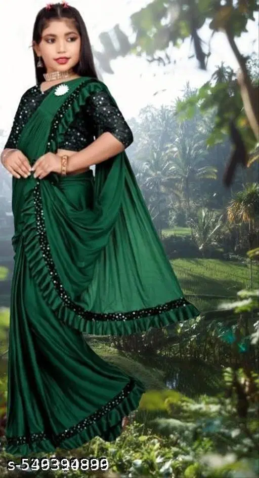 Lycra Saree for Girls, Green (6-7 Years)