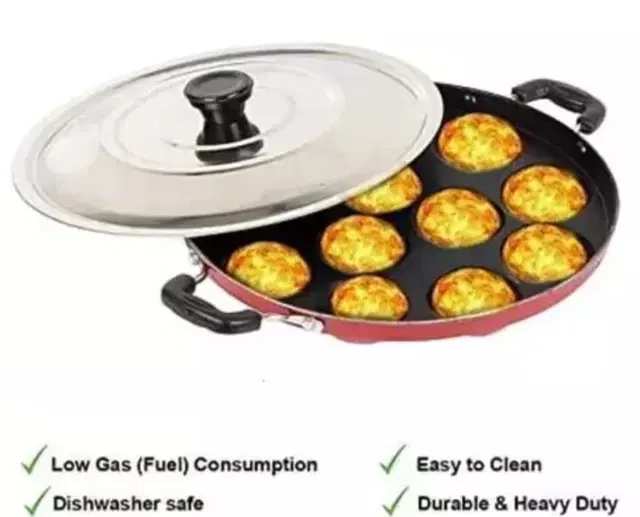 ZODEX 12 Cavities Non Stick Appam Patra with Lid and Side Handle, Multicolor, 21 cm