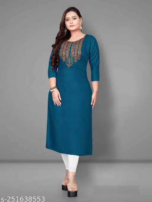 Embroidered Rayon Kurti for Women (Blue, 5XL)