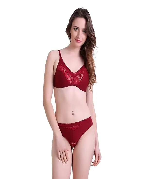 Cotton Blend Lingerie Set for Women (Maroon, 34)