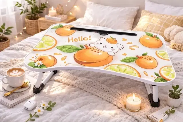 3D Orange Kitty  Foldable Wooden Mini Laptop & Study Table for Bed (48*30 cm)