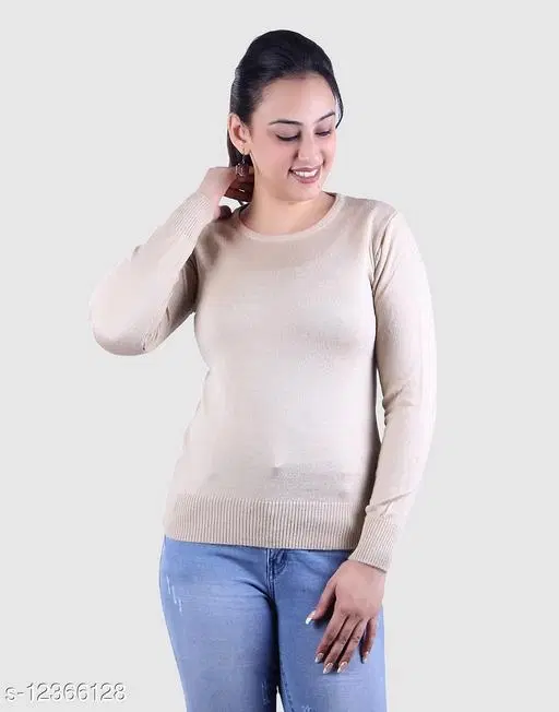 Acrylic Solid Sweater for Women (Cream, L)