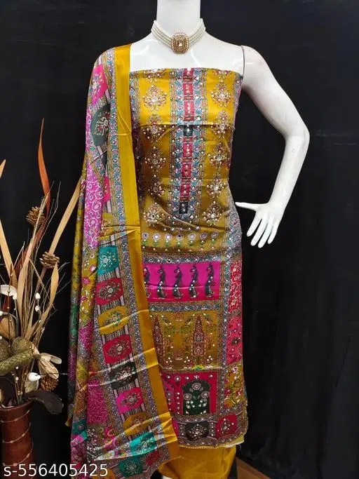 Floral Jaipuri Designs Kurti for Women (Yellow, 6.85 meter (3XL)