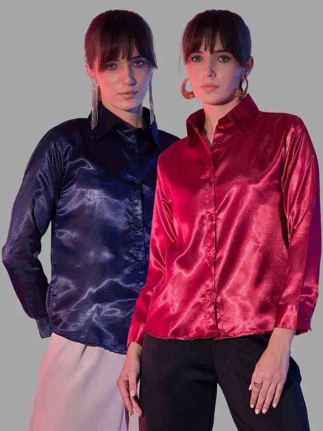 Full Sleeves Solid Shirt for Women, Pack of 2 (Navy Blue & Red, S)