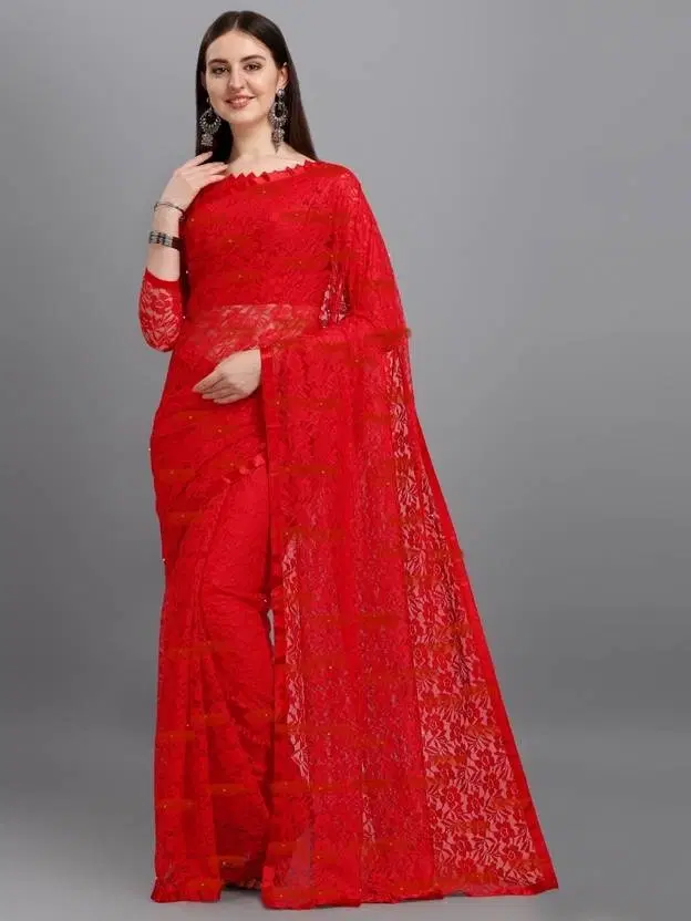 Net Embroidered Saree for Women, Red