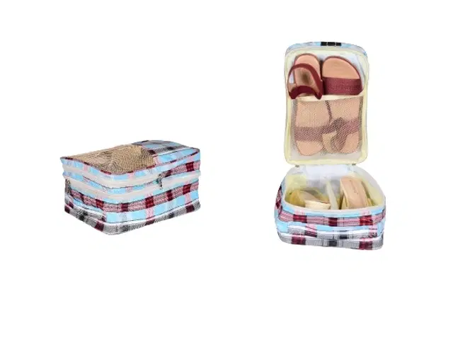 Portable Canvas Checkered Shoe Storage Bag, Blue