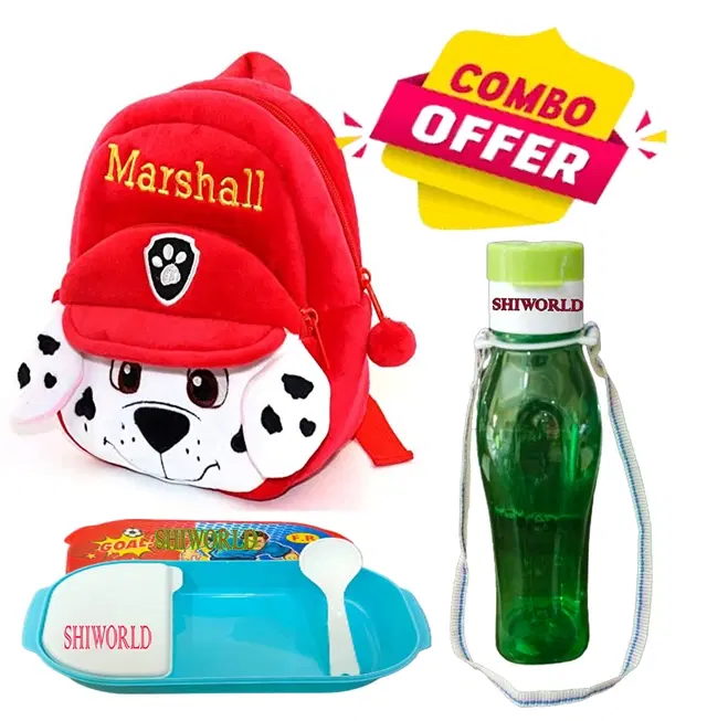 Combo of Fabric School Bag, Water Bottle with Lunch Box for Kids, Multicolor, Set of 3