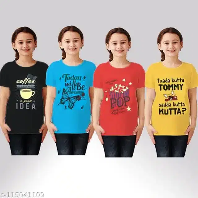 Cotton Half Sleeves T-Shirt for Girls, Pack of 4 (Multicolor, 6-7 Years)