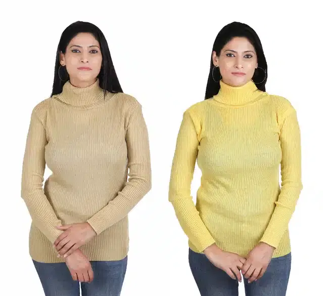 Full Sleeves High Neck Sweater for Women, Pack of 2 (Beige & Yellow, S)