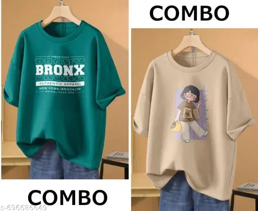 Cotton Blend Printed T-shirt for Women, Green & Beige, Pack of 2 (M)
