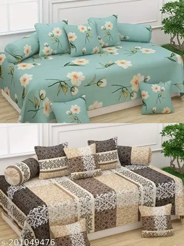 Polycotton Diwan Cover Set, Aqua Green & Beige, Combo of 2