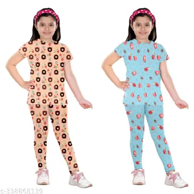 Polycotton Nightsuit for Girls, Pack of 2 (Peach & Sky Blue, 1-2 Years)