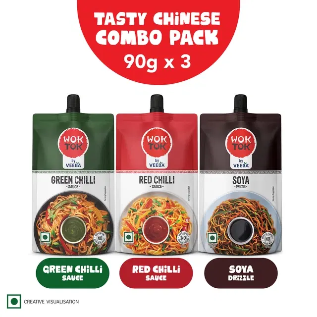 Wok Tok by Veeba Green Chilli Sauce + Red Chilli Sauce + Soya Sauce Combo (3X90 g)