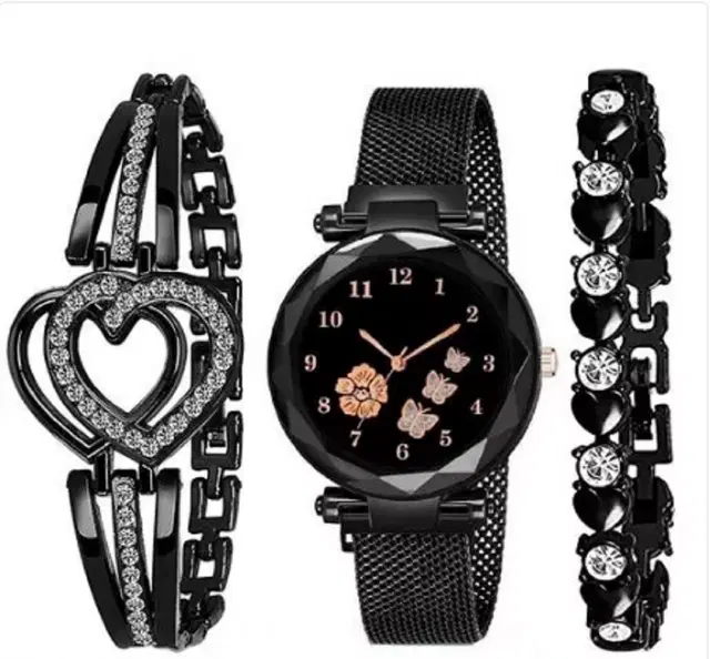Analog Watch with 2 Pcs Bracelets for Women & Girls, Set of 3 (Black)