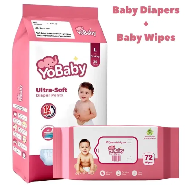YoBaby Diaper Pants L - 28 Pcs + YoBaby Baby Wipes - 72 Wipes