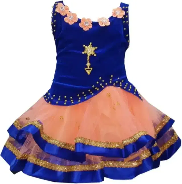 Netted Frock for Girls (Orange & Blue, 3-6 Months)