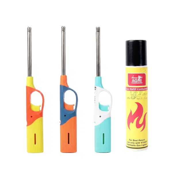 Stainless Steel Gas Flame Lighter with Refill Can, Multicolorm Set of 4