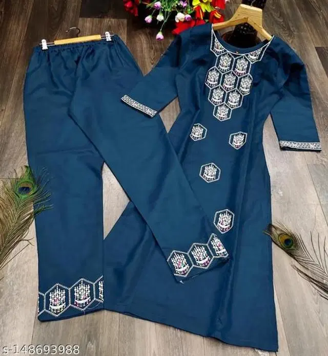 Silk Embroidered Kurta with Pant for Women (Blue, XXL)