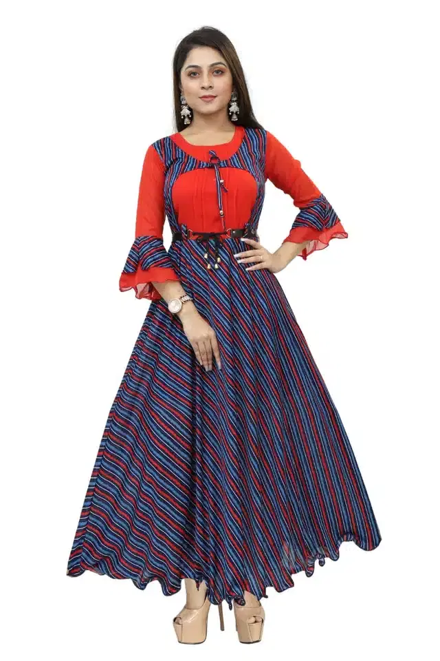 Three Quarter Sleeves Gown for Girls (Red & Blue, 10-11 Years)