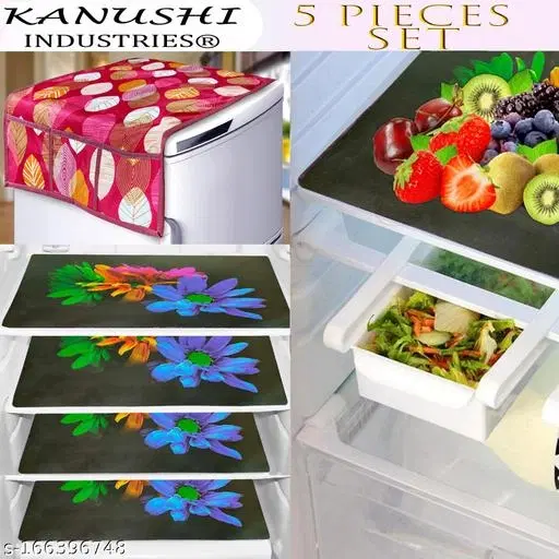 KANUSHI Industries® 1Pc Fridge Cover for Top with 6 Utility Pockets + Taddy Design 4 Fridge Mats (FRI-Maroon-Long-Leave+M-24-04)…