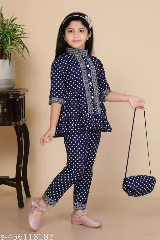 Embroidered Rayon Kurta Set for Girls (Blue, 7-8 Years)