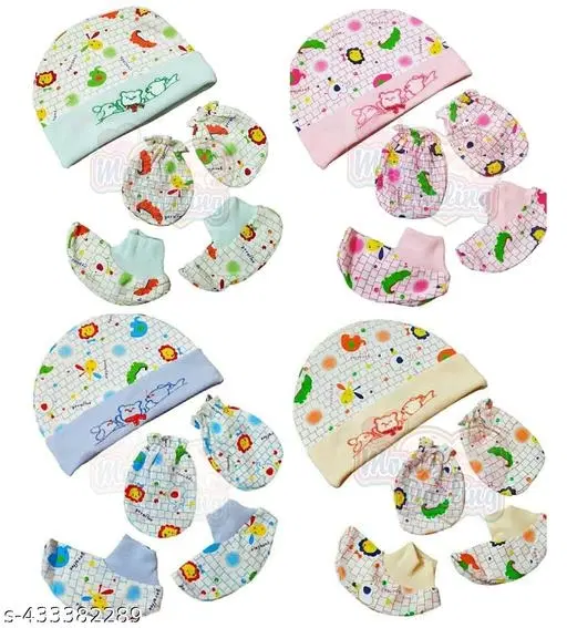 Combo of Cap, Booties & Mitten for Baby, Set of 4 (Multicolor)