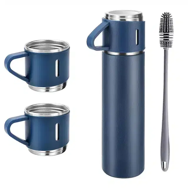 Stainless Steel Water Bottle with 3 Cups & 1 Silicon Brush, Blue, 500 ml, Set of 5