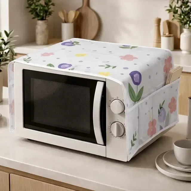 White Floral Dust-Proof Microwave Oven Cover for Kitchen Decor Durable Modern Design