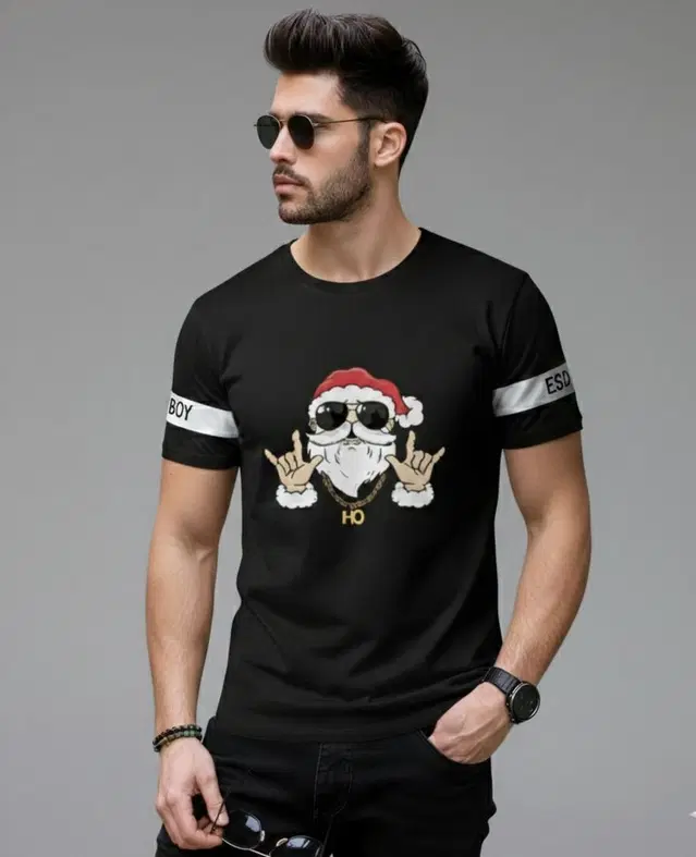 Polyester Printed T-shirt for Men, Black (L)