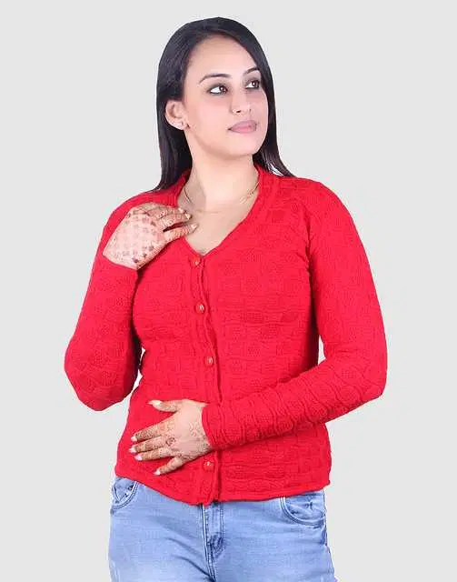 Women's Full Sleeves Cardigan (Red, L) (M150)