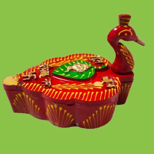Plastic Peacock Shape Meenakari Designed 4 Section Kumkum Box, Multicolor