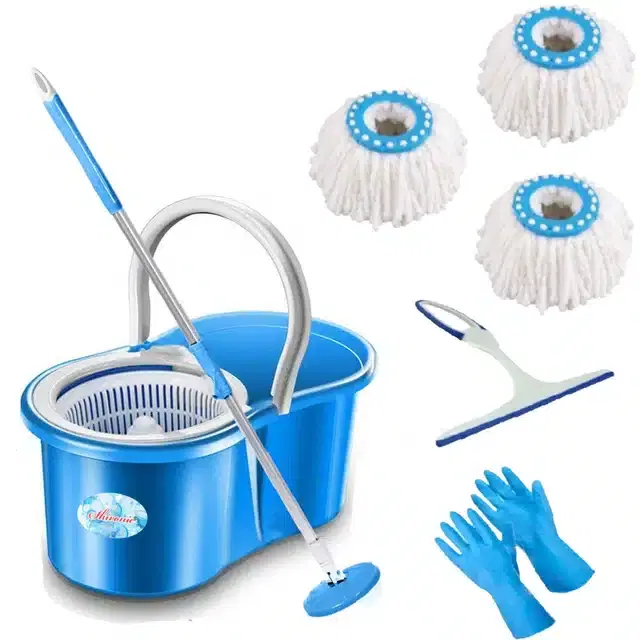 Dry Bucket Mop Set with 3 Refills & Cleaning Accessories Combo, Set of 3, Multicolor