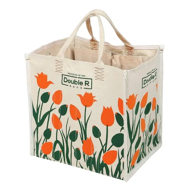 TerraHome x Double-R Medium Laminated Cotton Canvas Grocery Bag | Reusable Jhola for Milk, Fruits & Vegetables | Reinforced Handles | Kitchen Essential | 35x27x34 cm | 1 Compartment, 6 Pockets