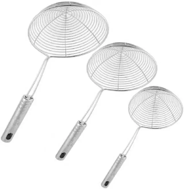 Stainless Steel Premium Quality Deep Fry Strainer, Silver, Pack of 3